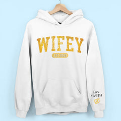 Wifey Est - Couple Personalized Custom Unisex Sweatshirt With Design On Sleeve - Gift For Husband Wife, Anniversary