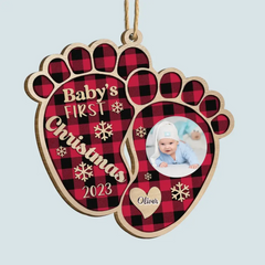 Baby's 1st Christmas Foot Print- Personalized Custom Photo Wood Ornament - Christmas Gift For Family, Family Members