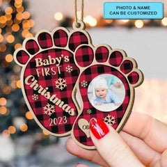 Baby's 1st Christmas Foot Print- Personalized Custom Photo Wood Ornament - Christmas Gift For Family, Family Members