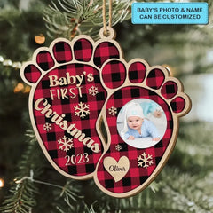 Baby's 1st Christmas Foot Print- Personalized Custom Photo Wood Ornament - Christmas Gift For Family, Family Members