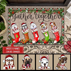 CHRISTMAS CUSTOM DOORMAT, GIFTS FOR DOG LOVERS, GATHER TOGETHER DOG IN CHRISTMAS STOCKING HOLIDAY DOORMAT