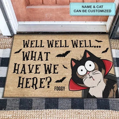 PERSONALIZED CUSTOM DOORMAT - HALLOWEEN GIFT FOR CAT LOVER, CAT MOM, CAT DAD - WELL WHAT HAVE WE HERE