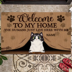 WELCOME TO OUR HOME FRONT DOOR MAT, GIFTS FOR PET LOVERS, DOG & CAT PEEKING FROM CURTAIN CUSTOM DOORMAT