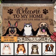 WELCOME TO OUR HOME FRONT DOOR MAT, GIFTS FOR PET LOVERS, DOG & CAT PEEKING FROM CURTAIN CUSTOM DOORMAT