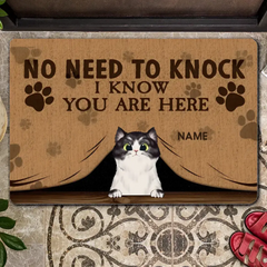 NO NEED TO KNOCK WE KNOW YOU ARE HERE CUSTOM DOORMAT, GIFTS FOR PET LOVERS, BROWN FRONT DOOR MAT