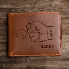 Personalized Hands Clenched Custom Father & Kid Names Gift for Dad Laser Leather Wallet