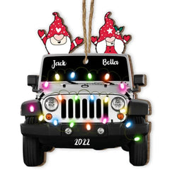 Gnome With Jeep Car Light Christmas - Personalized Wooden Ornament, Gift For Jeep Lover, Christmas Gift For Couple, Husband and Wife