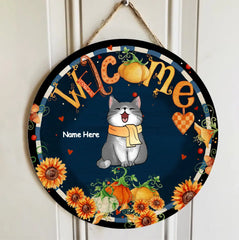 Welcome - Fall Flowers Around - Cats Wear Scarf - Personalized Cat Autumn Door Sign