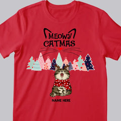 Meowy Catmas - Christmas Cat With Pine Trees - Personalized Cat Christmas T-shirt