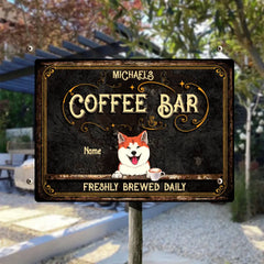 Coffee Bar Freshly Brewed Daily, Vintage Sign, Dog & Beverage, Personalized Dog Breeds Metal Sign