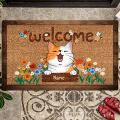 Welcome You - Laughing Cats With Flowers - Personalized Cat Doormat