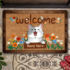 Welcome You - Laughing Cats With Flowers - Personalized Cat Doormat