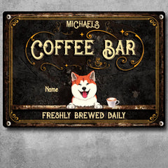 Coffee Bar Freshly Brewed Daily, Vintage Sign, Pet & Beverage, Personalized Dog & Cat Metal Sign