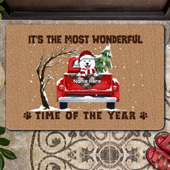 It's The Most Wonderful Time Of The Year - Red Truck Snow - Personalized Dog Christmas Doormat