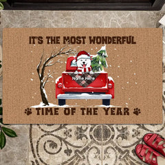 It's The Most Wonderful Time Of The Year - Red Truck Snow - Personalized Dog Christmas Doormat