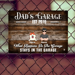 Welcome Metal Garage Sign, Gifts For Pet Lovers, Dad's Garage What Happens In The Garage Stays In Wooden Style