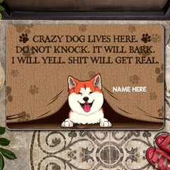 Crazy Dogs Live Here Do Not Knock, Peeking From Curtain, Personalized Dog Breeds Doormat