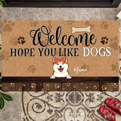 Welcome  Hope You Like Dogs, Dog Paw With Brown Background, Personalized Dog Doormat