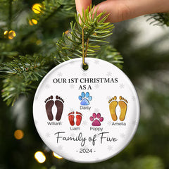 First Christmas As A Family Of Four Footprints - Personalized Circle Ceramic Ornament