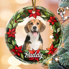 Custom Photo Pet Face Christmas Wreath Dog Cat Pet Memorial - Personalized Circle Glass Ornament