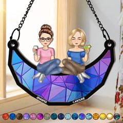 Cartoon Besties Friends Sitting On The Moon - Personalized Window Hanging Suncatcher Ornament