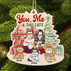 You, Me And The Cats - Personalized Custom Shaped Wooden Ornament