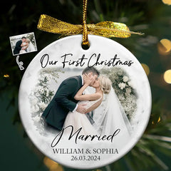 Custom Photo First Christmas As Mr & Mrs Couples - Personalized Circle Ceramic Ornament