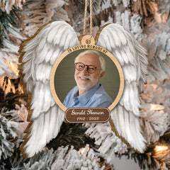 Custom Photo In Loving Memory Angel Wings - Memorial Gift - Personalized Custom Shaped Wooden Ornament