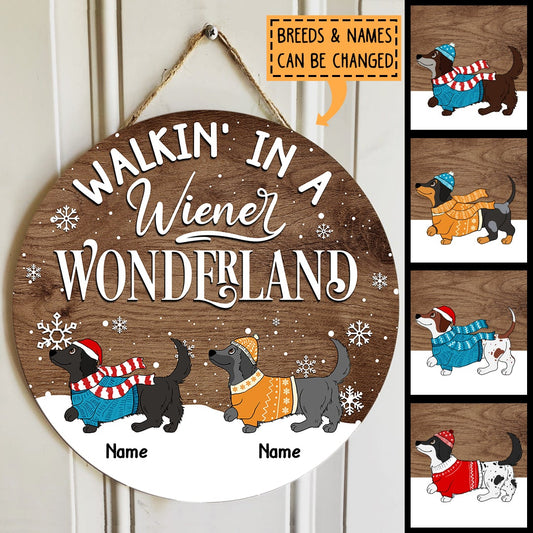 Walkin' In A Wiener Wonderland - Dachshund In Snow - Dark Pale Wooden - Personalized Dog Christmas Door Sign