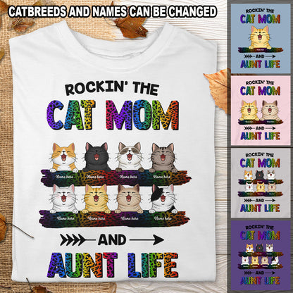 Rockin' The Cat Mom And Aunt Life - Rainbow Leopard Print - Personalized Cat T-shirt