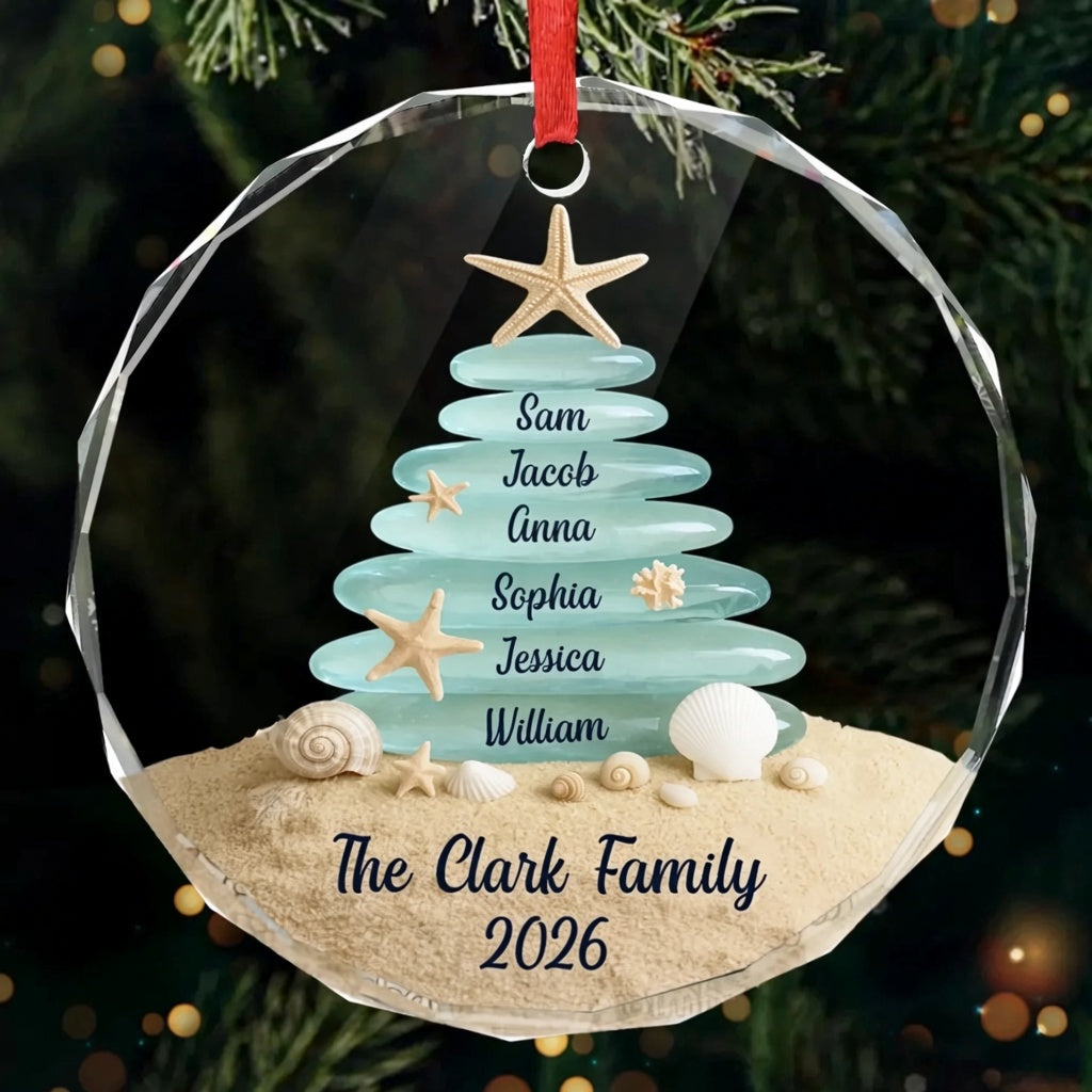 Custom Sea Glass Circle Glass Ornament - Personalized Christmas Birthday Gifts For Mom, Dad, Brother, Sister, Kids, Beach Lovers - Tides Keep Us Close