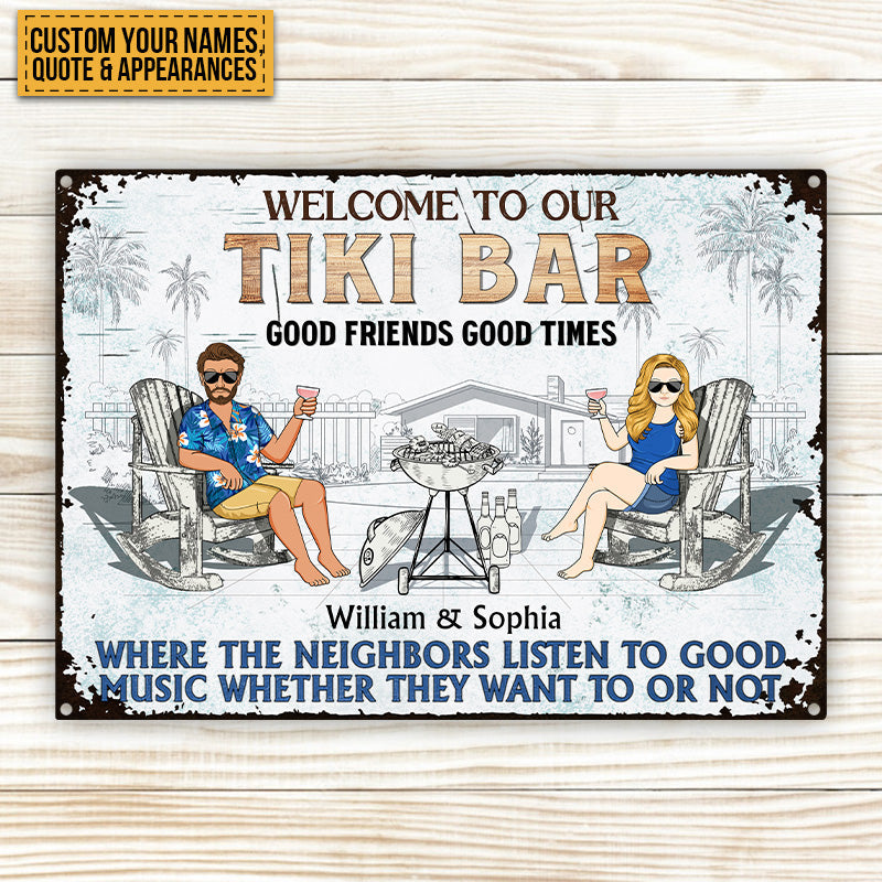 Poolside Grilling Listen To The Good Music Couple Husband Wife Pride - Backyard Sign - Personalized Custom Classic Metal Signs