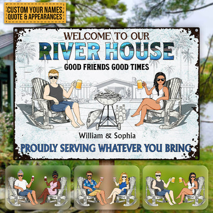 Poolside Grilling Listen To The Good Music Couple Husband Wife Pride - Backyard Sign - Personalized Custom Classic Metal Signs