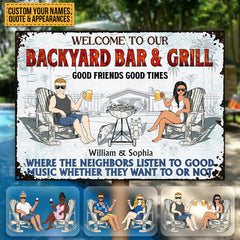 Poolside Grilling Listen To The Good Music Couple Husband Wife Pride - Backyard Sign - Personalized Custom Classic Metal Signs